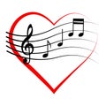 Logo icon heart with notes and treble clef, vector sign love for music, melomaniac symbol Royalty Free Stock Photo