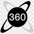 360 logo icon. Three hundred and sixty degree graphic. For game, video, tour rotation VR AR black white gray isolated Transparent