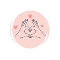 Cute logo or icon vector with romantic hands showing heart shape gesture, illustration on circle with brush texture, for social me