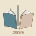 Logo illustration representing school supplies. Vector image of stationery: books and pencil