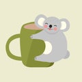 The logo illustration of funny koala with cup of coffee. Food logotype, template, cute animal sleep and smile, hugging coffee with