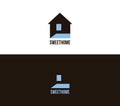 Logo for interior design. Game on contrast and opposites. Clear geometric house with delicate text at bottom. Use as