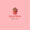 Logo of Italian ice cream. Letters and colorful ice cream in a cup with decoration.