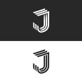 Logo J letter in isometric font initial monogram, black and white 3d geometric parallel lines shape with shadow gradient. Creative