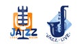 Logo Jazz Design Collection, Live Concert, Music Festival Labels Cartoon Vector Illustration