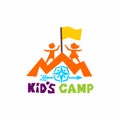 Logo of the kid`s camp. Mountains and compass, flag and children