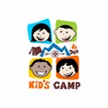 Logo of the kid`s camp. Mountains and compass, tent and children.
