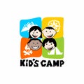 Logo of the kid`s camp. Mountains and compass, tent and children.