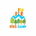 Logo of the kid`s camp. Mountains, trees, flag and children.