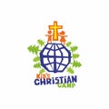 Logo of kid`s Christian camp. The cross of Jesus, children and the globe - the whole world