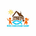 Logo of kid`s Christian camp. The house, the sun, the children, the fish - the sign of Jesus.