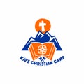 Logo of kid`s Christian camp. Mountains and cross, bible and compass