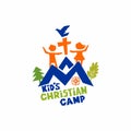Logo of kid`s Christian camp. Mountains and cross, children and pigeon.