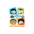 Logo Of Kid`s Christian Camp. Mountains, Cross And Tent, Kiddies.