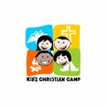 Logo of kid`s Christian camp. Mountains, cross and tent, kiddies.