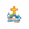 Logo of kid`s Christian camp. Mountains, trees, a compass and a lamp, the cross of Jesus