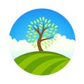 Logo with Landscape of eco garden or park, tree under blue sky. Vector illustration of natural fruit farm and harvest.