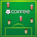 Logo lettering coffee soccer ball football field coffee cups on isolated background. Vector image