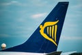 Logo Logotype Sign Of Irish Low-cost Airline Ryanair On Wing Of Airplane Royalty Free Stock Photo