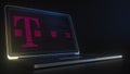 Computer screen with the logo of DEUTSCHE TELEKOM made with source code. Editorial conceptual 3d rendering