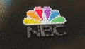 Plastic toy blocks compose logo of NBC, editorial conceptual 3d rendering