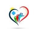 Heart health care medical cross nature leaves people family Icon Logo Design Element. Family Help together logo