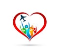 People family airplane logo in heart shape icon winning happiness health together team success wellness health symbol