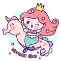 Logo Mermaid princess cartoon ride unicorn sea horse vector kawaii animal cute Pony child Royalty Free Stock Photo