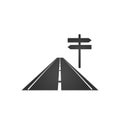logo of a minimalistic road with a roadside and a dotted dividing strip with direction signs. Vector illustration isolated on whit