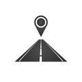 logo of a minimalistic road with a roadside and a dotted dividing strip with map pin. Vector illustration isolated on white backgr