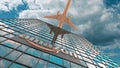 Amazon logo on a modern skyscraper reflecting clouds and flying airplane. Editorial conceptual 3d rendering