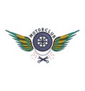 Logo for motor enthusiasts club with winged wheel and crossed wrenches. Emblem for biker group or automotive community