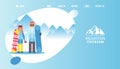 Logo mountain tourism, vector illustration. Main page travel company, happy couple at mountain resort, outdoor activity.