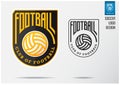 Soccer logo or Football Badge template design for football team. Sport emblem design of golden soccer ball on black shield