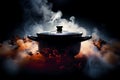 Logo mystique Steaming pot in dark, steam swirling over saucepan