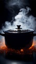 Logo mystique Steaming pot in dark, steam swirling over saucepan