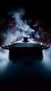 Logo mystique Steaming pot in dark, steam swirling over saucepan