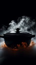 Logo mystique Steaming pot in dark, steam swirling over saucepan