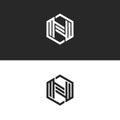 Logo N letter monogram geometric shape of a hexagon, black and white parallel lines form a technological symbol. Alphabet icon
