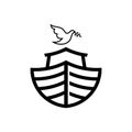 Logo of Noah`s Ark. Dove with a branch of olive. Ship to rescue animals and people from the Flood. Biblical illustration