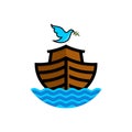 Logo of Noah`s Ark. Dove with a branch of olive. Ship to rescue animals and people from the Flood. Biblical illustration