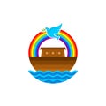 Logo of Noah`s Ark. Rainbow - a symbol of the covenant. Dove with a branch of olive. Ship to rescue animals and people