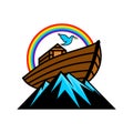 Logo of Noah`s Ark. Rainbow - a symbol of the covenant. Dove with a branch of olive. Ship to rescue animals and people