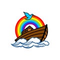 Logo of Noah`s Ark. Rainbow - a symbol of the covenant. Dove with a branch of olive. Ship to rescue animals and people Royalty Free Stock Photo