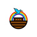 Logo of Noah`s Ark. Rainbow - a symbol of the covenant. Dove with a branch of olive. Ship to rescue animals and people Royalty Free Stock Photo