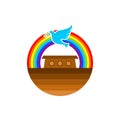 Logo of Noah`s Ark. Rainbow - a symbol of the covenant. Dove with a branch of olive. Ship to rescue animals and people