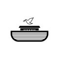 Logo Noah`s ark on top of the mountain. Dove with a branch of olive. Ship to rescue animals and people from the Flood.