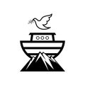 Logo Noah`s ark on top of the mountain. Dove with a branch of olive. Ship to rescue animals and people from the Flood.