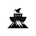 Logo Noah`s ark on top of the mountain. Dove with a branch of olive. Ship to rescue animals and people from the Flood.