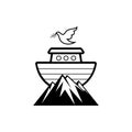 Logo Noah`s ark on top of the mountain. Dove with a branch of olive. Ship to rescue animals and people from the Flood.